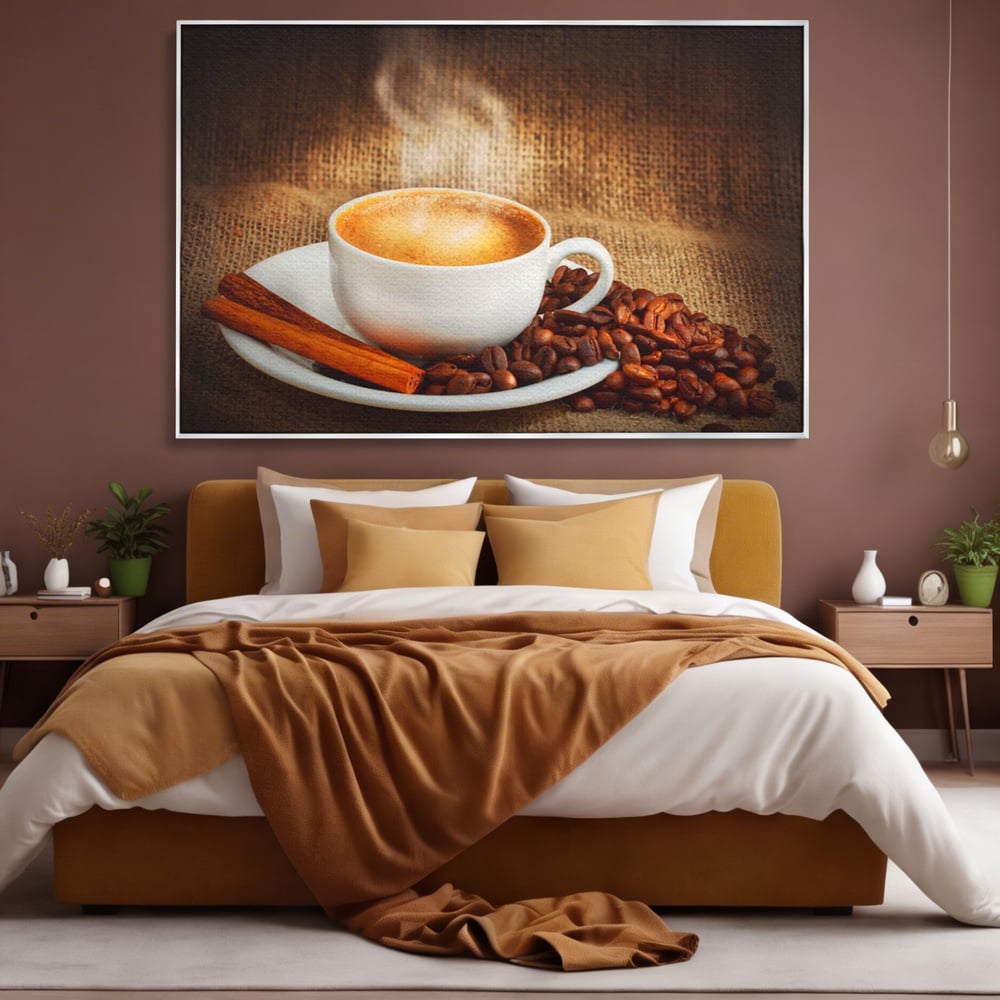 Tablou canvas cu tablou canvas cu ceasca de cafea si scortisoara, in rama de aluminiu argintiu, pe perete intr-un dormitor